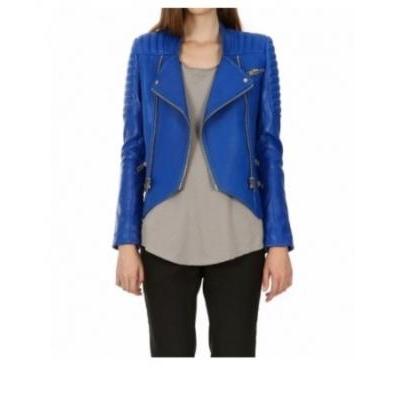Women Blue Quilted Leather Biker Jacket