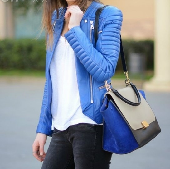 Women Blue Quilted Leather Biker Jacket
